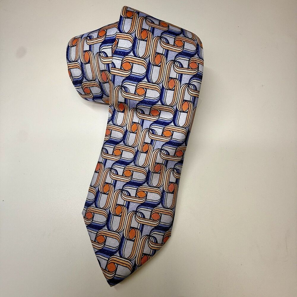 Ted Baker Orange And Blue Geometric Print 100% Silk Neck Tie New